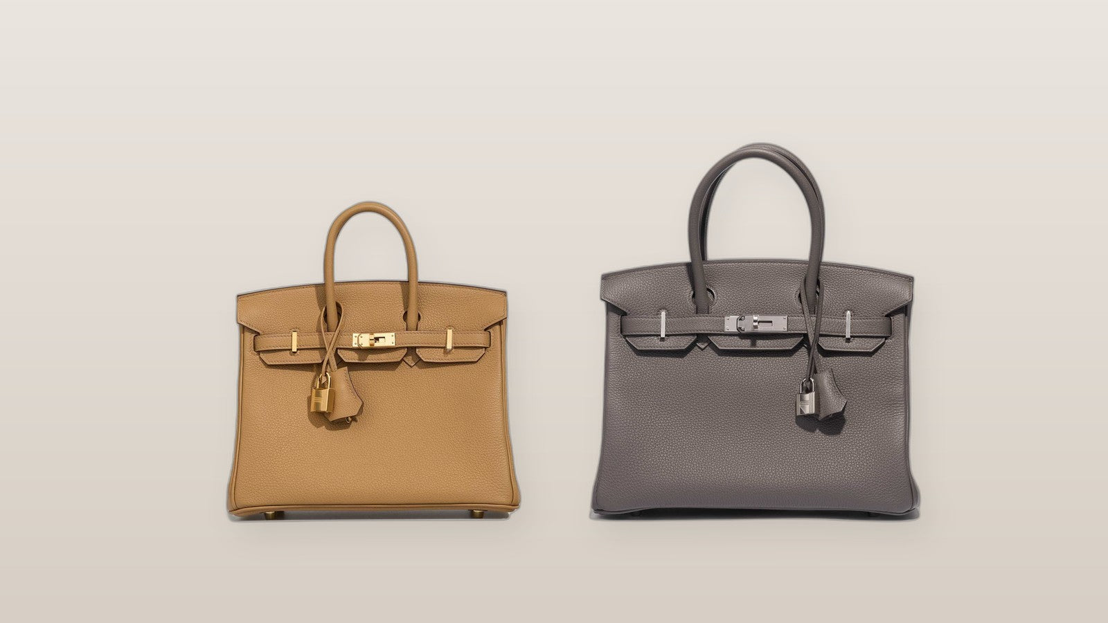 Hermès Birkin 25 in tan beside a larger Birkin 30 in grey
