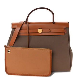Hermès Herbag Zip Backpack 31 Etoupe / Ecru front view