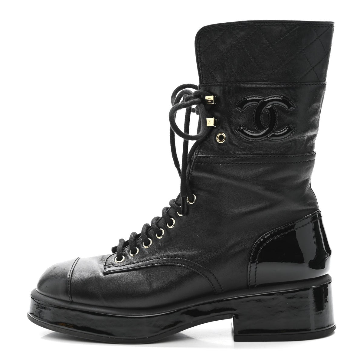 Chanel Combat Boot Black Patent front view
