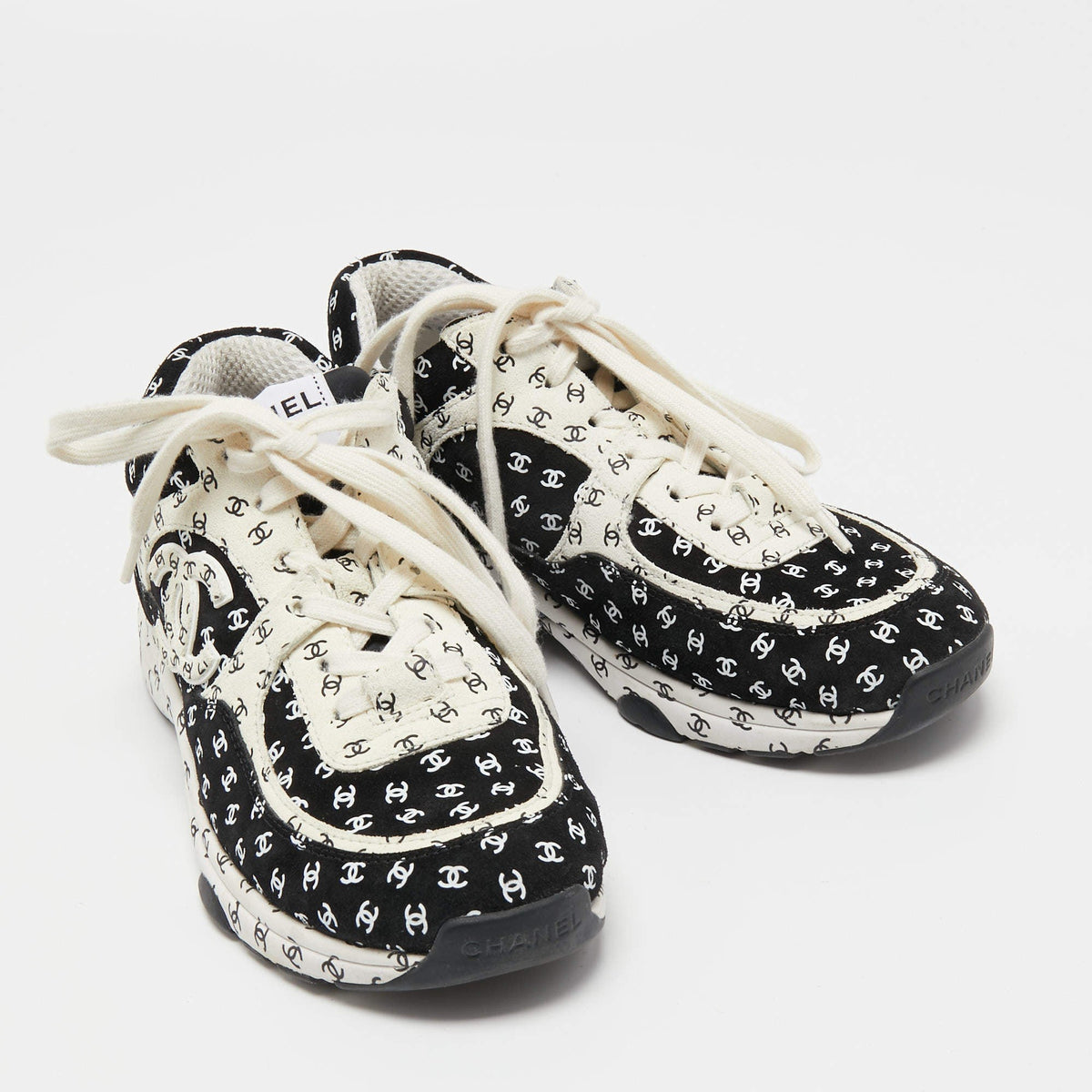 Chanel CC Velcro Strap Sneaker Black/White front view