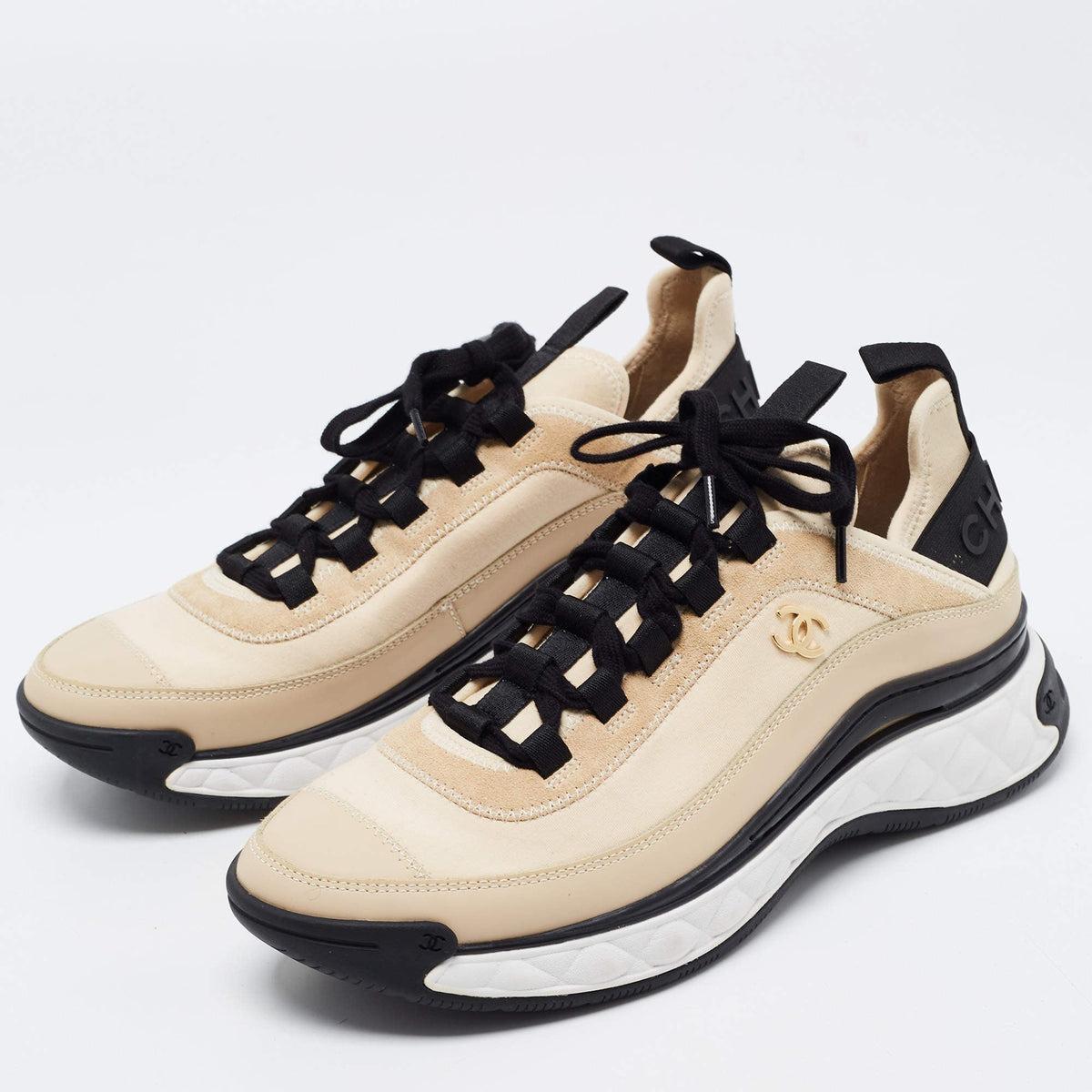 Chanel CC Velcro Strap Sneaker Beige/White front view