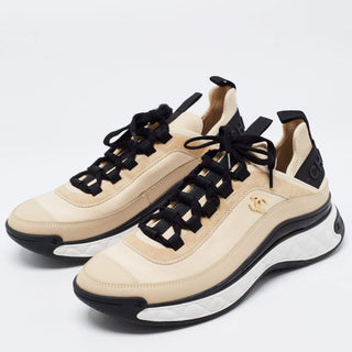 Chanel CC Velcro Strap Sneaker Beige/White front view