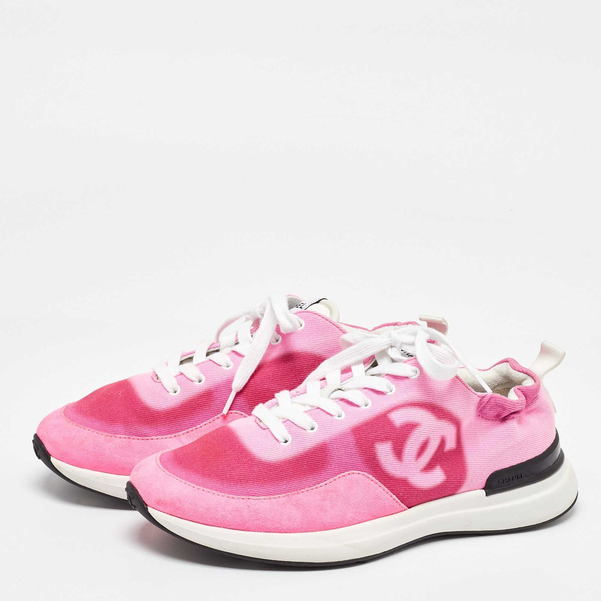 Chanel CC Velcro Strap Sneaker Pink/White front view