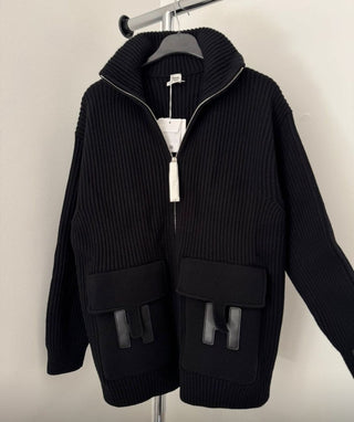 Hermès Maille H Pocket Cardigan Black / White front view