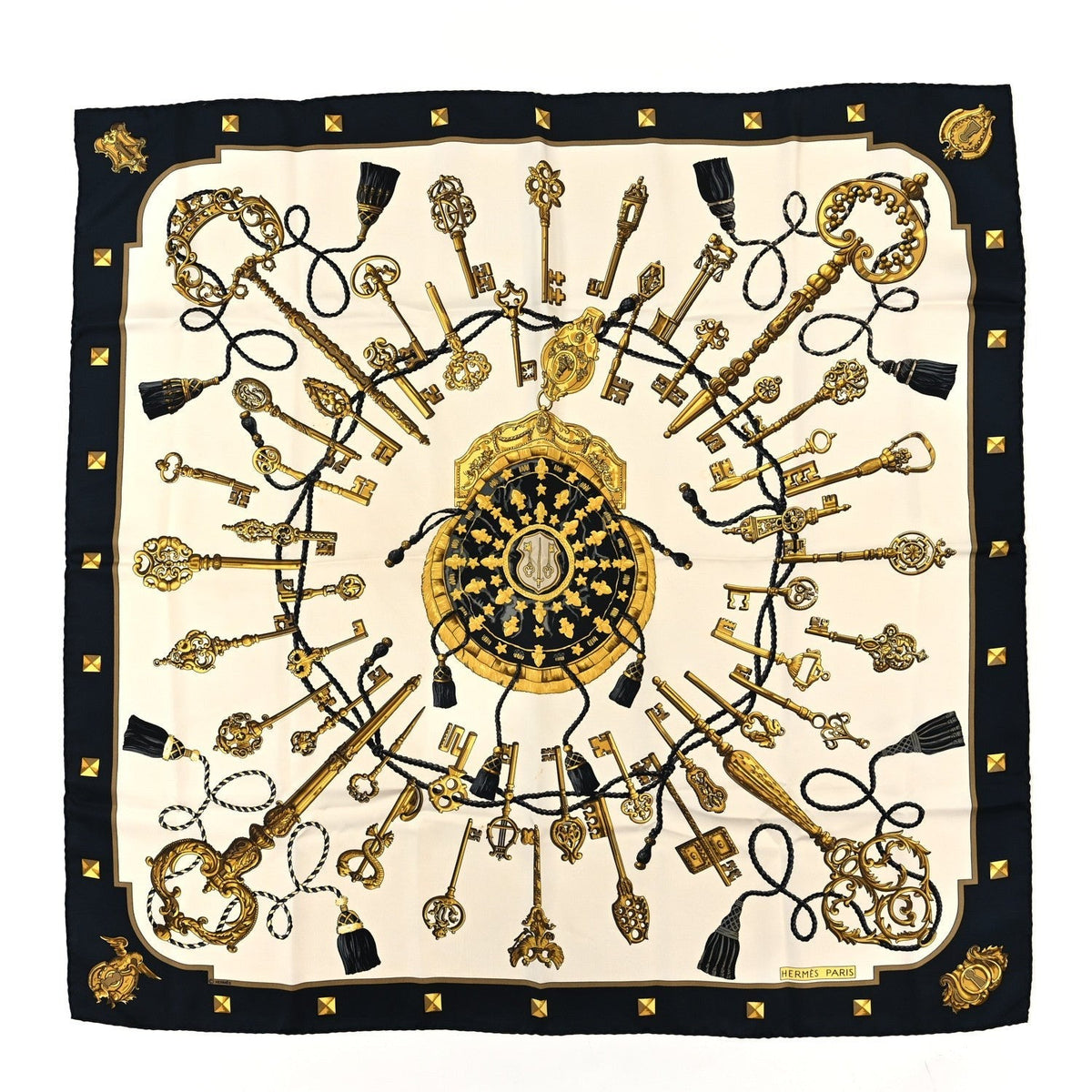 Hermès Silk Carré 90cm Les Cles Gold front view