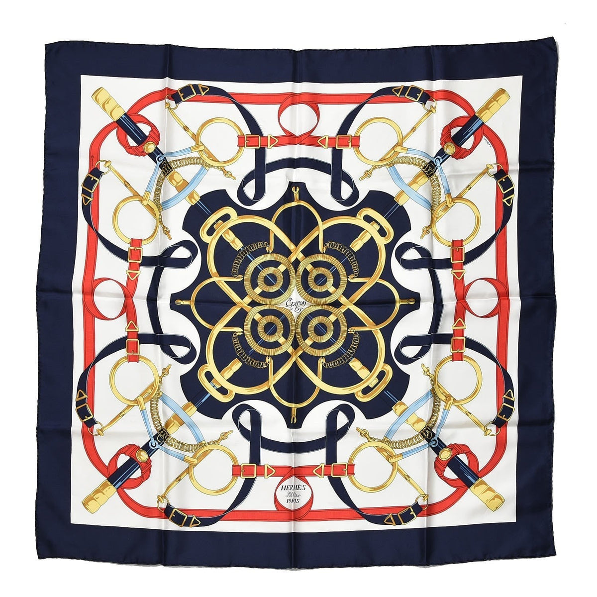 Hermès Silk Carré 90cm Eperon d'Or Blue front view