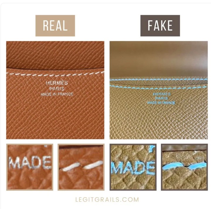 Hermès interior stamp real vs fake comparison — Made in France