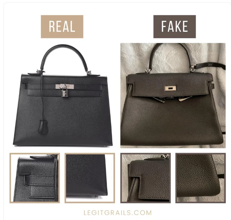 Hermès Kelly real vs fake comparison — silhouette and structure